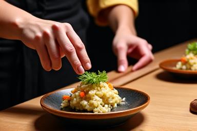 シェフがプライベートダイニングで料理を提供する様子